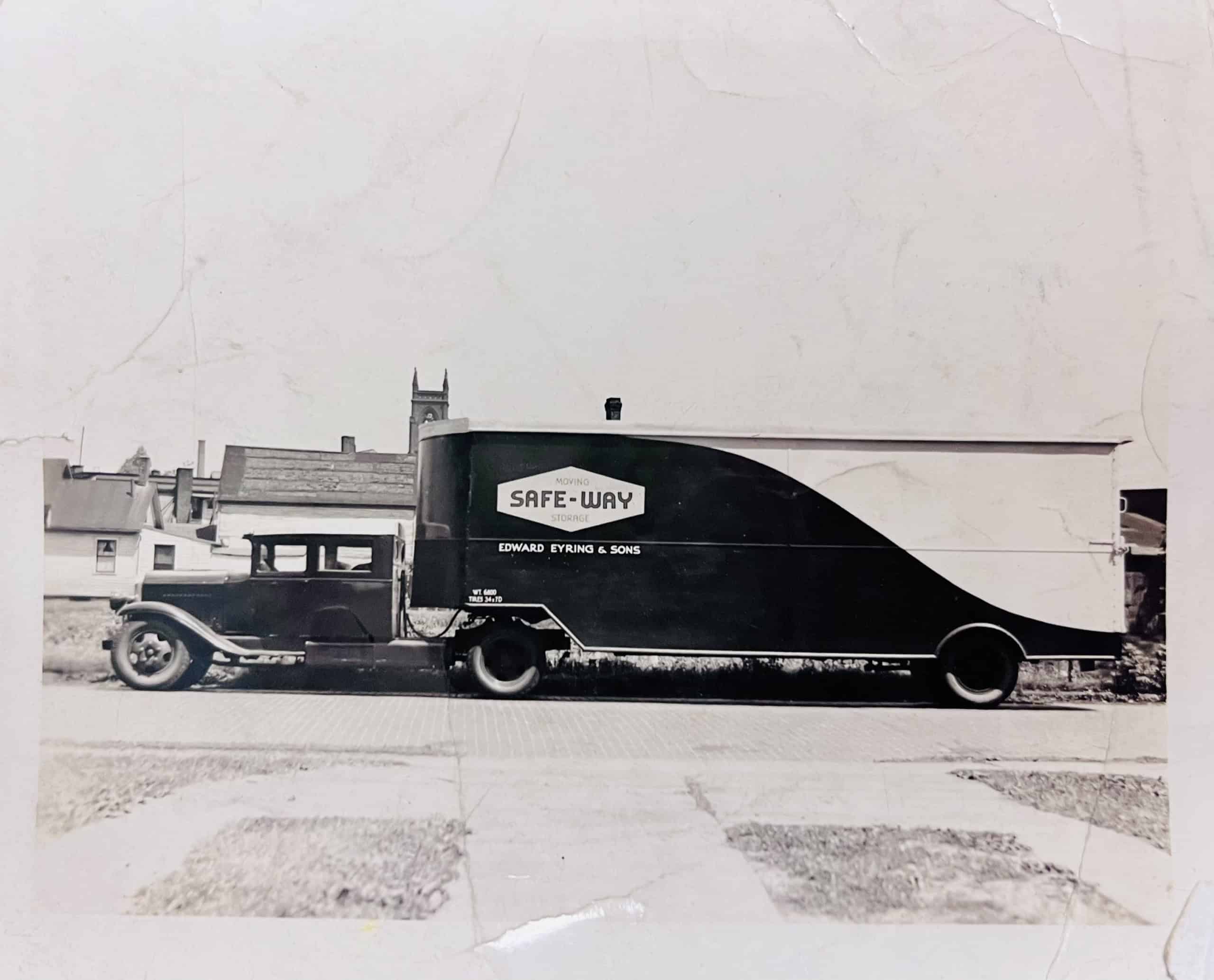 A streamlined Safe-Way Movers van operated by Edw. Eyring & Sons, a mid-century Eyring Movers moving truck