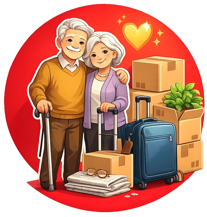 Illustration of a senior couple with boxes and luggage