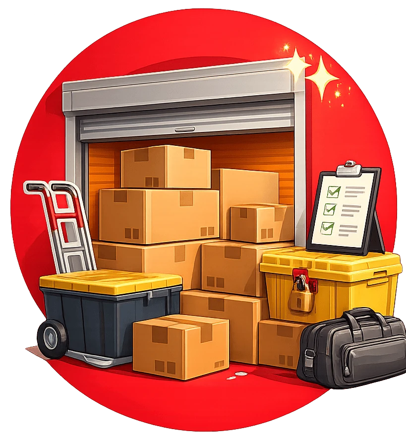 Illustration of a storage unit filled with boxes